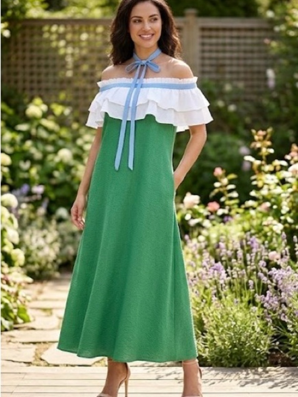 Off-Shoulder Green Maxi Dress with White Ruffle and Blue Neck Tie